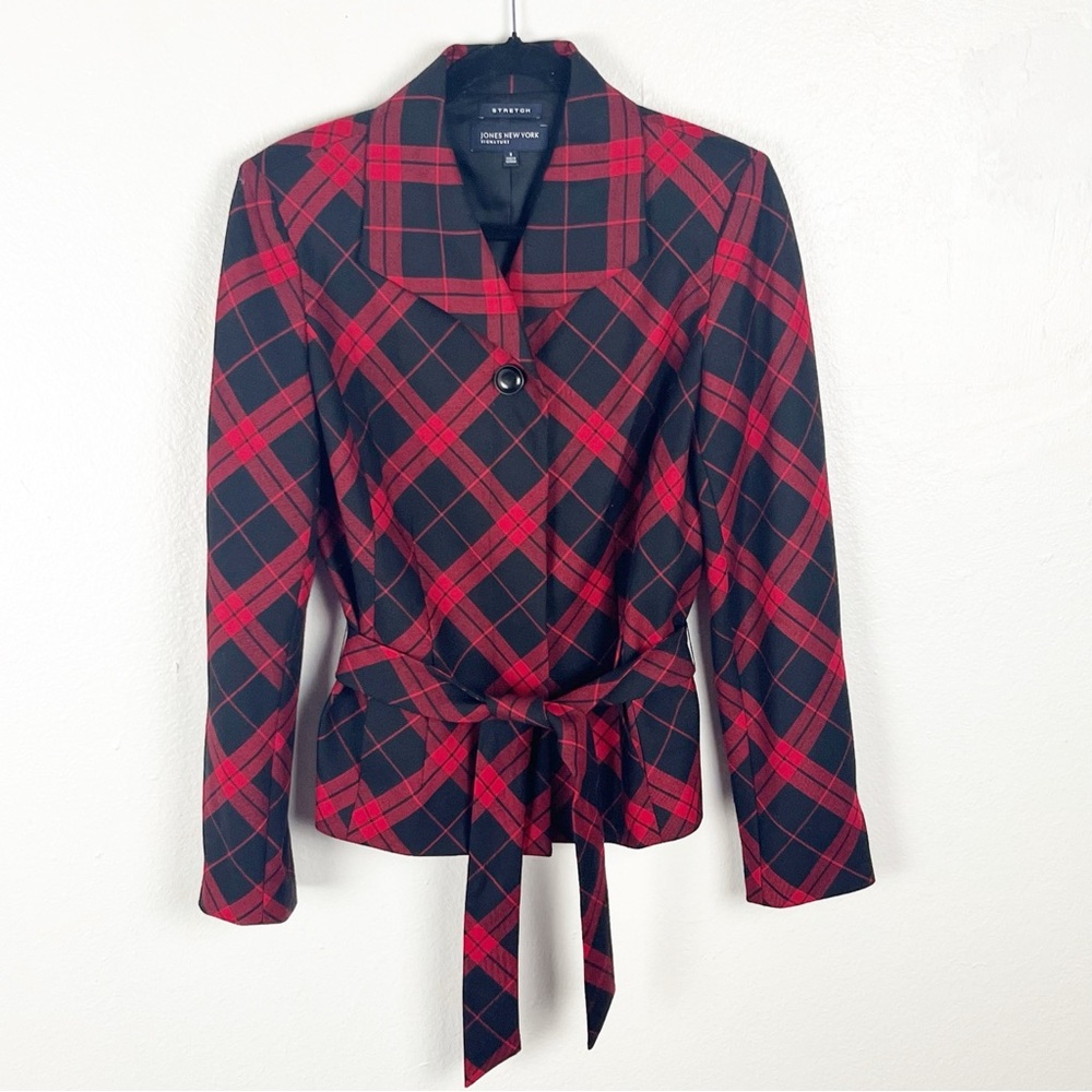 JONES NEW YORK Red Black Plaid Wool Blend Belted Waist Blazer Size 8 Career Work